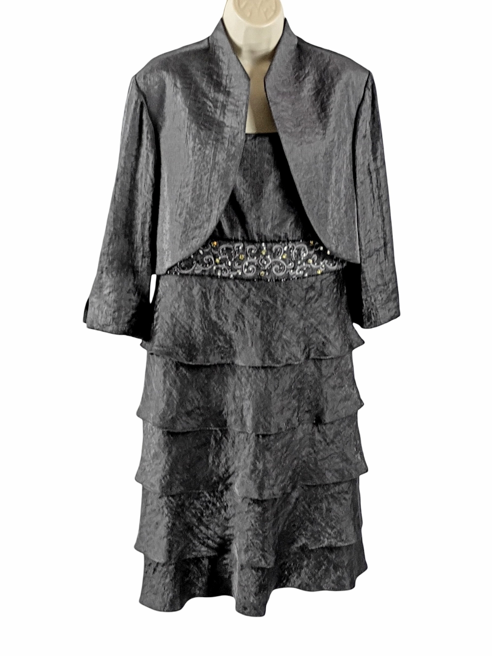 R&M Richards Metallic Charcoal Tiered Dress Set with Embellished Waistband